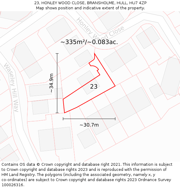 23, HONLEY WOOD CLOSE, BRANSHOLME, HULL, HU7 4ZP: Plot and title map