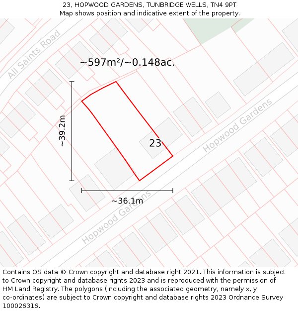 23, HOPWOOD GARDENS, TUNBRIDGE WELLS, TN4 9PT: Plot and title map