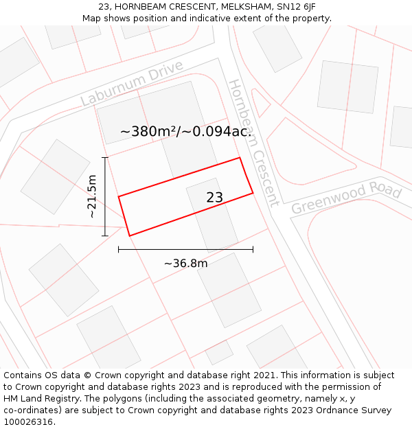 23, HORNBEAM CRESCENT, MELKSHAM, SN12 6JF: Plot and title map