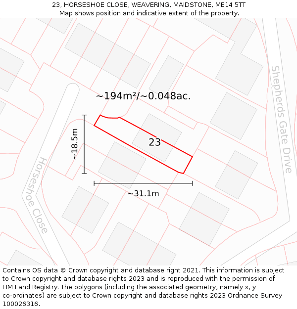 23, HORSESHOE CLOSE, WEAVERING, MAIDSTONE, ME14 5TT: Plot and title map