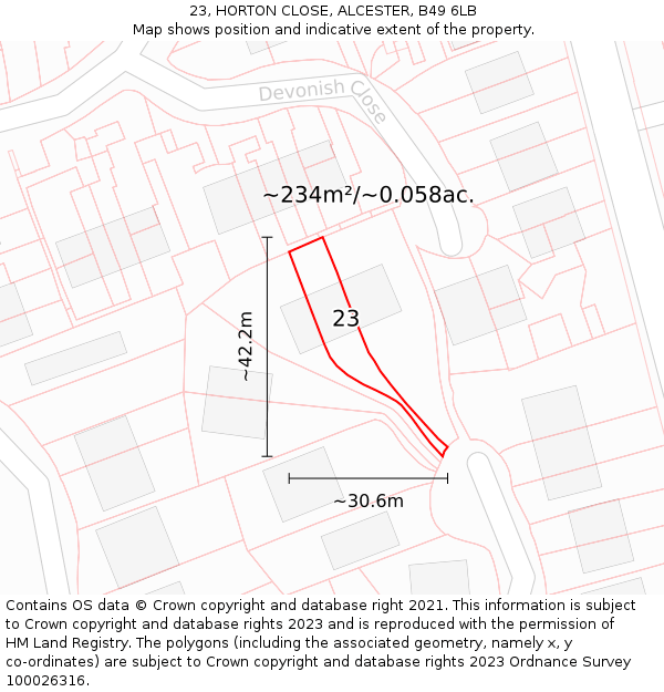 23, HORTON CLOSE, ALCESTER, B49 6LB: Plot and title map