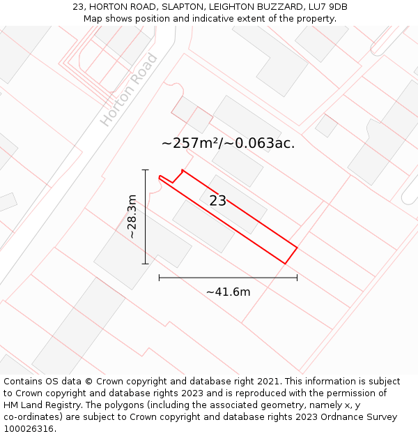 23, HORTON ROAD, SLAPTON, LEIGHTON BUZZARD, LU7 9DB: Plot and title map