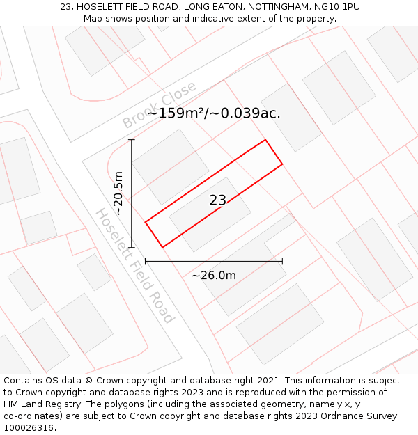 23, HOSELETT FIELD ROAD, LONG EATON, NOTTINGHAM, NG10 1PU: Plot and title map