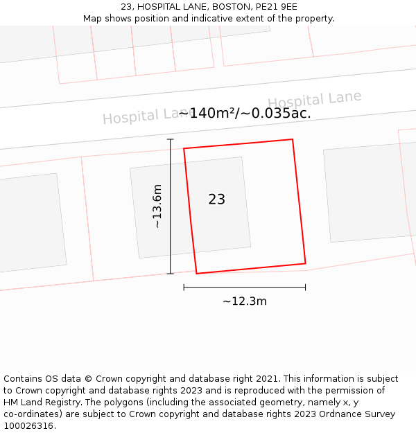 23, HOSPITAL LANE, BOSTON, PE21 9EE: Plot and title map