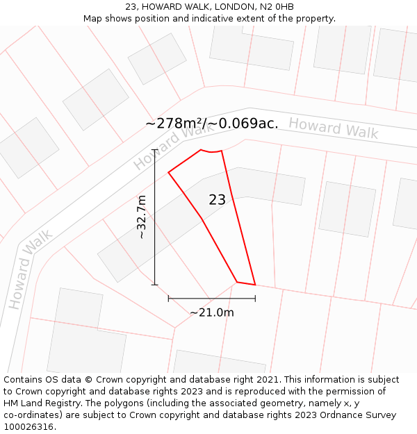 23, HOWARD WALK, LONDON, N2 0HB: Plot and title map