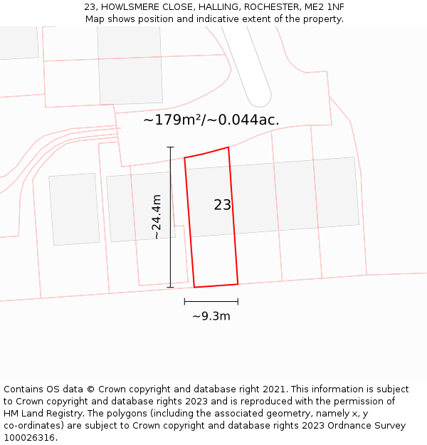 23, HOWLSMERE CLOSE, HALLING, ROCHESTER, ME2 1NF: Plot and title map