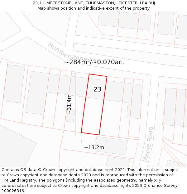 23, HUMBERSTONE LANE, THURMASTON, LEICESTER, LE4 8HJ: Plot and title map