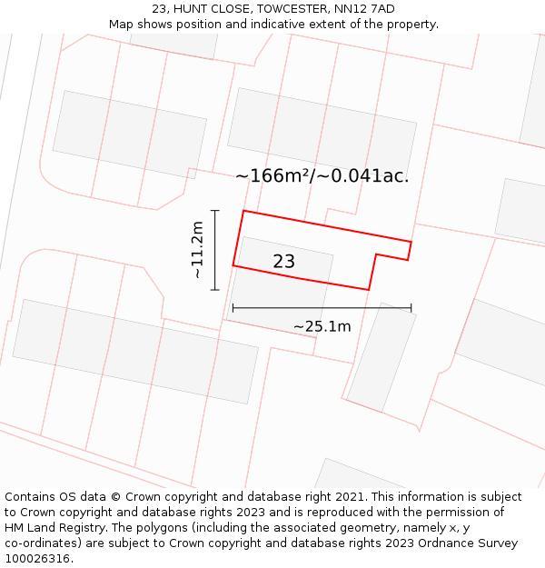 23, HUNT CLOSE, TOWCESTER, NN12 7AD: Plot and title map