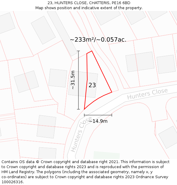 23, HUNTERS CLOSE, CHATTERIS, PE16 6BD: Plot and title map