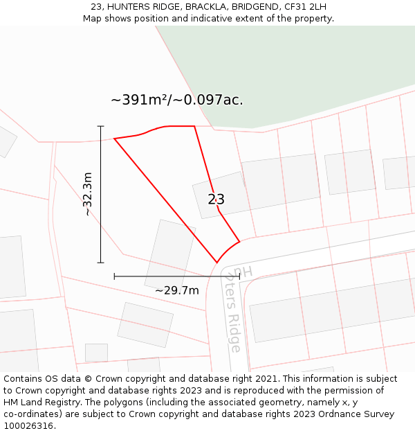 23, HUNTERS RIDGE, BRACKLA, BRIDGEND, CF31 2LH: Plot and title map
