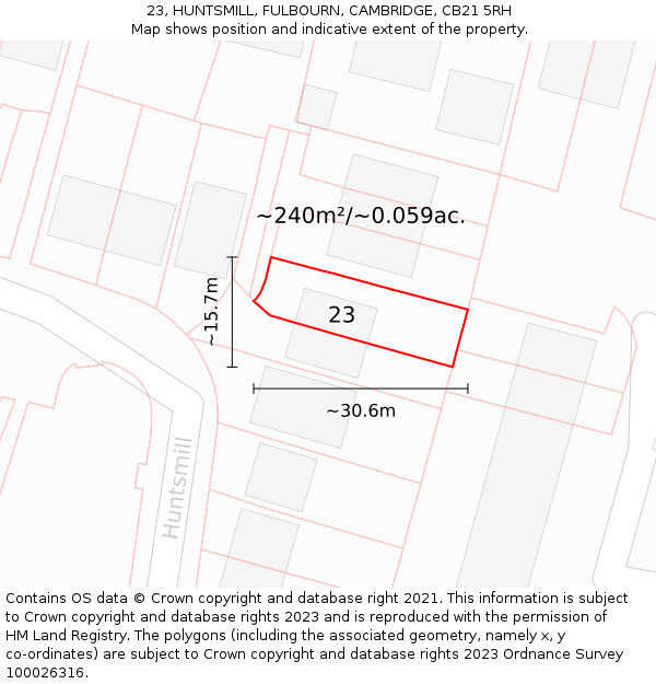 23, HUNTSMILL, FULBOURN, CAMBRIDGE, CB21 5RH: Plot and title map
