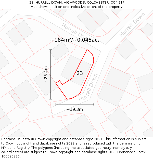 23, HURRELL DOWN, HIGHWOODS, COLCHESTER, CO4 9TP: Plot and title map