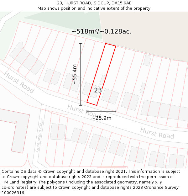 23, HURST ROAD, SIDCUP, DA15 9AE: Plot and title map