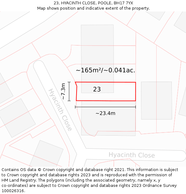 23, HYACINTH CLOSE, POOLE, BH17 7YX: Plot and title map