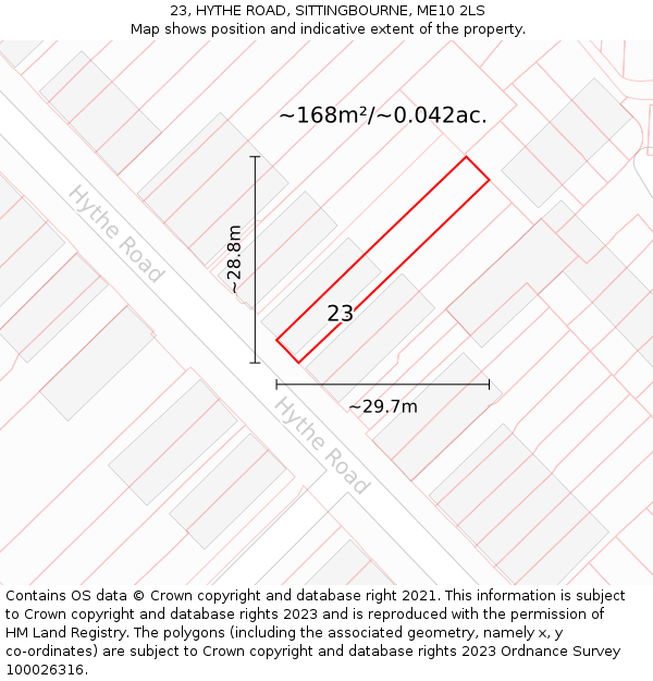 23, HYTHE ROAD, SITTINGBOURNE, ME10 2LS: Plot and title map