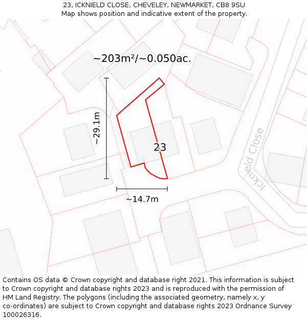 23, ICKNIELD CLOSE, CHEVELEY, NEWMARKET, CB8 9SU: Plot and title map