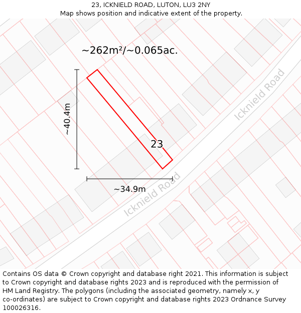 23, ICKNIELD ROAD, LUTON, LU3 2NY: Plot and title map