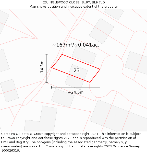 23, INGLEWOOD CLOSE, BURY, BL9 7LD: Plot and title map