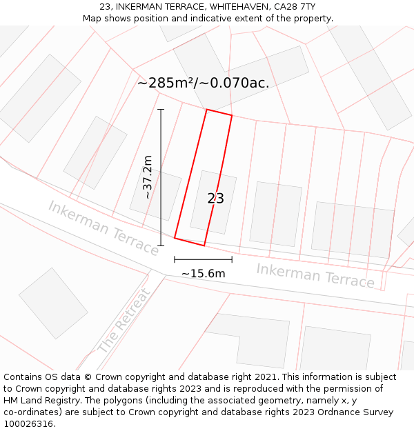 23, INKERMAN TERRACE, WHITEHAVEN, CA28 7TY: Plot and title map