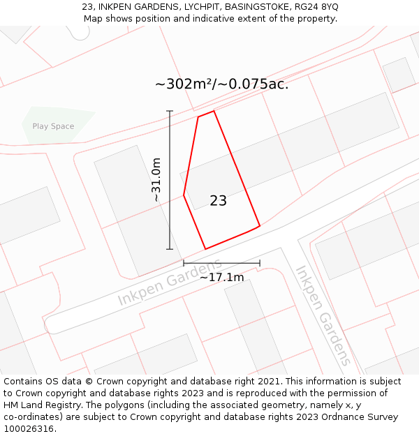 23, INKPEN GARDENS, LYCHPIT, BASINGSTOKE, RG24 8YQ: Plot and title map