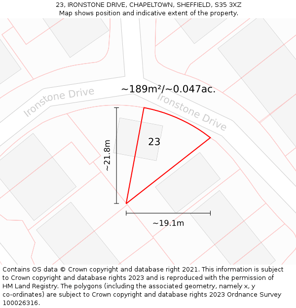 23, IRONSTONE DRIVE, CHAPELTOWN, SHEFFIELD, S35 3XZ: Plot and title map