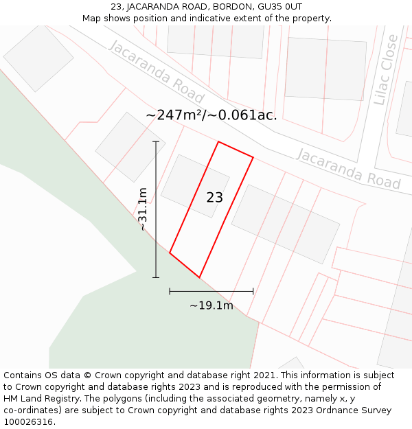 23, JACARANDA ROAD, BORDON, GU35 0UT: Plot and title map