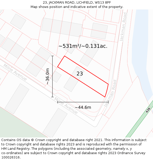 23, JACKMAN ROAD, LICHFIELD, WS13 8PF: Plot and title map