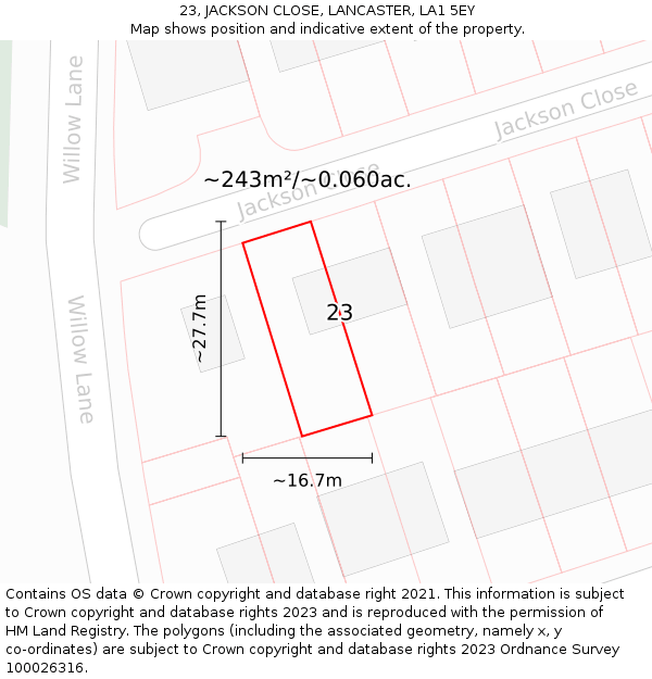 23, JACKSON CLOSE, LANCASTER, LA1 5EY: Plot and title map