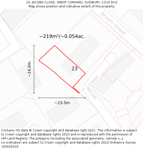 23, JACOBS CLOSE, GREAT CORNARD, SUDBURY, CO10 0HZ: Plot and title map