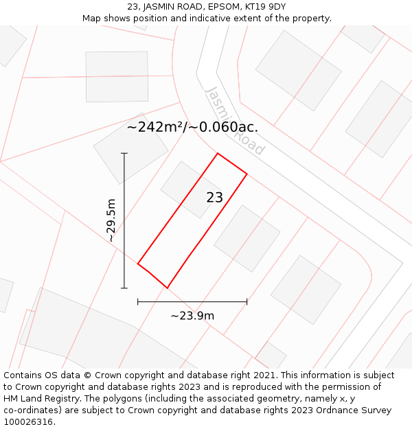 23, JASMIN ROAD, EPSOM, KT19 9DY: Plot and title map