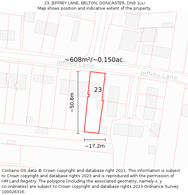 23, JEFFREY LANE, BELTON, DONCASTER, DN9 1LU: Plot and title map