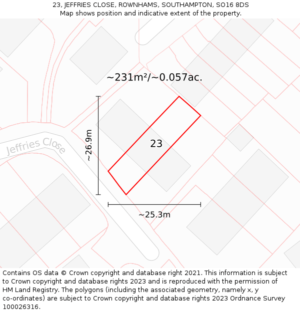 23, JEFFRIES CLOSE, ROWNHAMS, SOUTHAMPTON, SO16 8DS: Plot and title map