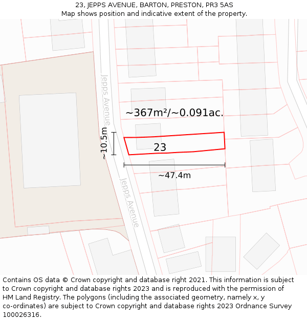 23, JEPPS AVENUE, BARTON, PRESTON, PR3 5AS: Plot and title map