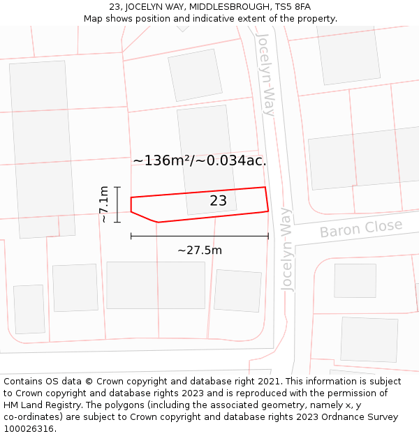 23, JOCELYN WAY, MIDDLESBROUGH, TS5 8FA: Plot and title map
