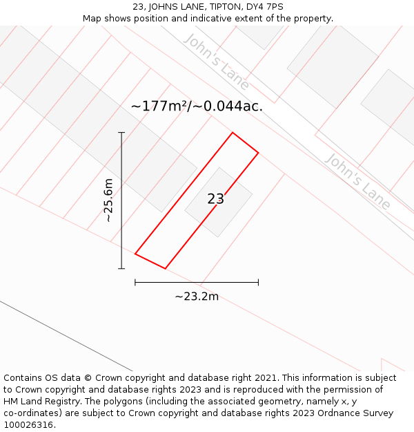 23, JOHNS LANE, TIPTON, DY4 7PS: Plot and title map