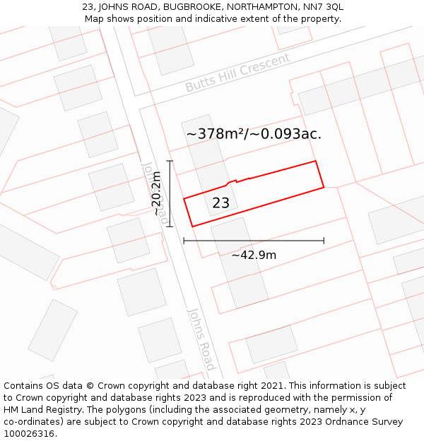 23, JOHNS ROAD, BUGBROOKE, NORTHAMPTON, NN7 3QL: Plot and title map