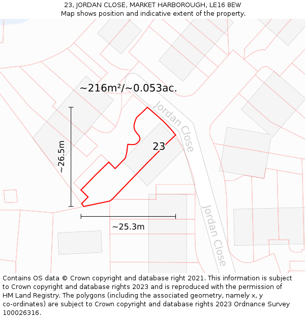 23, JORDAN CLOSE, MARKET HARBOROUGH, LE16 8EW: Plot and title map