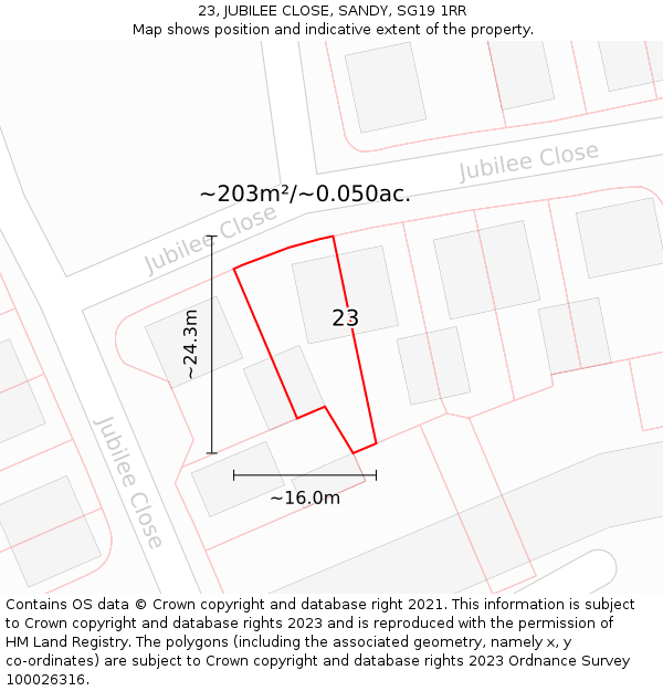 23, JUBILEE CLOSE, SANDY, SG19 1RR: Plot and title map