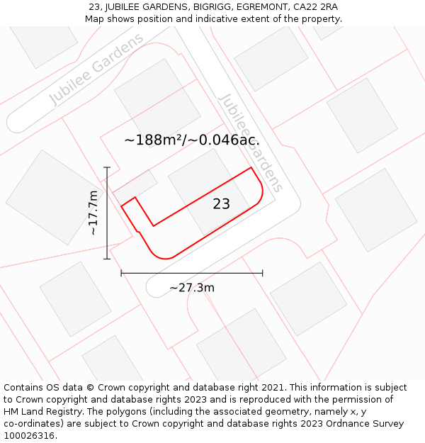 23, JUBILEE GARDENS, BIGRIGG, EGREMONT, CA22 2RA: Plot and title map