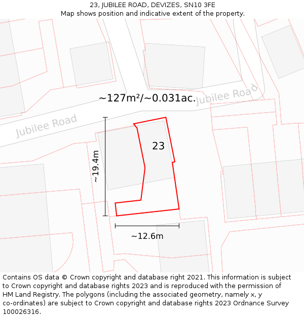 23, JUBILEE ROAD, DEVIZES, SN10 3FE: Plot and title map