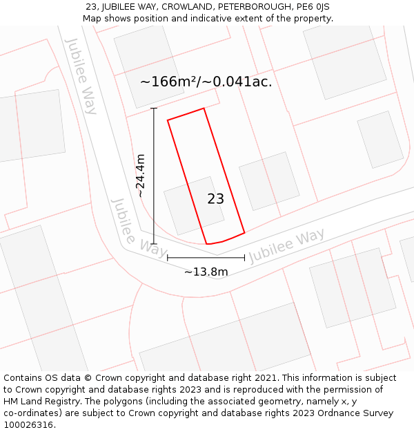 23, JUBILEE WAY, CROWLAND, PETERBOROUGH, PE6 0JS: Plot and title map