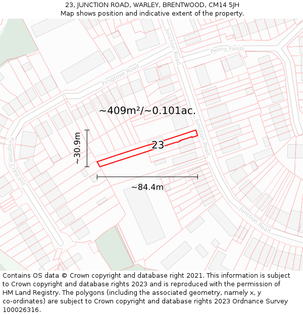 23, JUNCTION ROAD, WARLEY, BRENTWOOD, CM14 5JH: Plot and title map