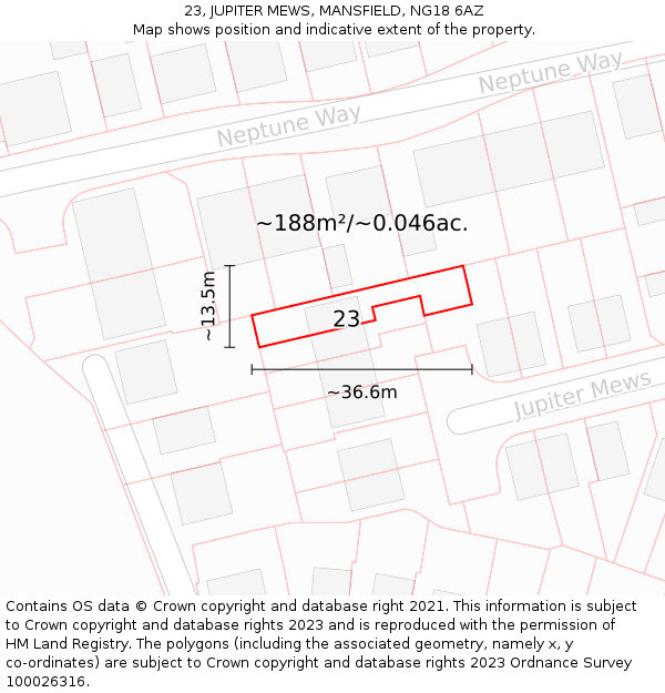 23, JUPITER MEWS, MANSFIELD, NG18 6AZ: Plot and title map