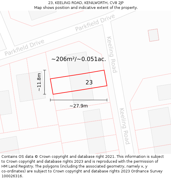 23, KEELING ROAD, KENILWORTH, CV8 2JP: Plot and title map