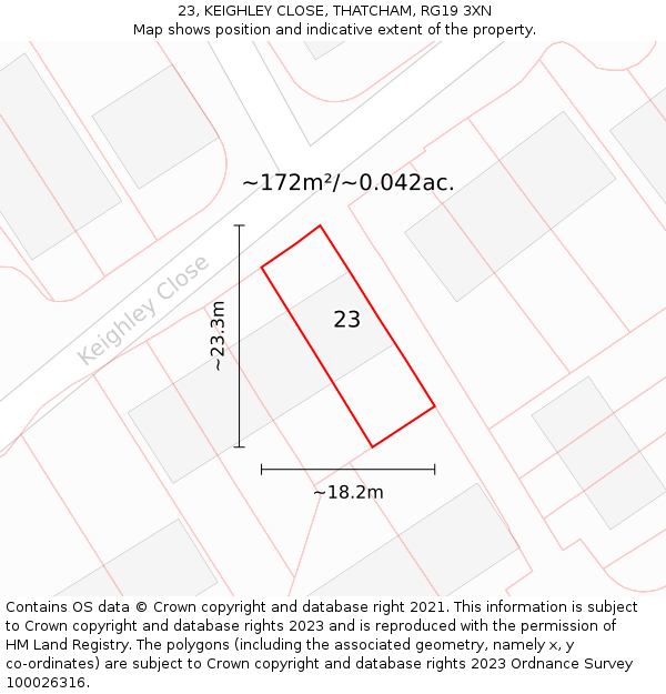 23, KEIGHLEY CLOSE, THATCHAM, RG19 3XN: Plot and title map