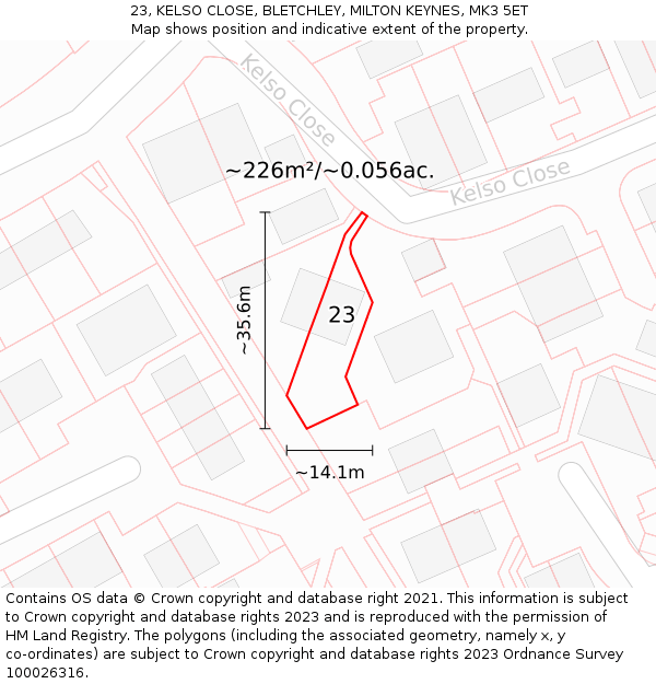 23, KELSO CLOSE, BLETCHLEY, MILTON KEYNES, MK3 5ET: Plot and title map