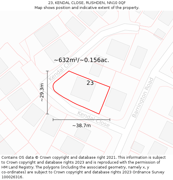 23, KENDAL CLOSE, RUSHDEN, NN10 0QF: Plot and title map