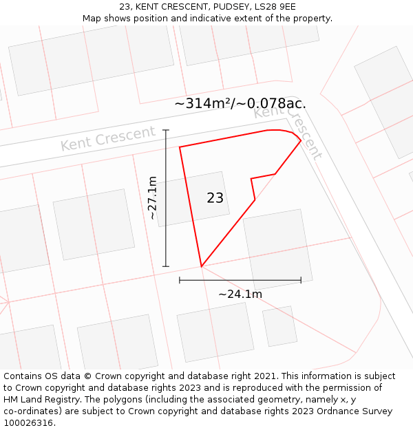 23, KENT CRESCENT, PUDSEY, LS28 9EE: Plot and title map