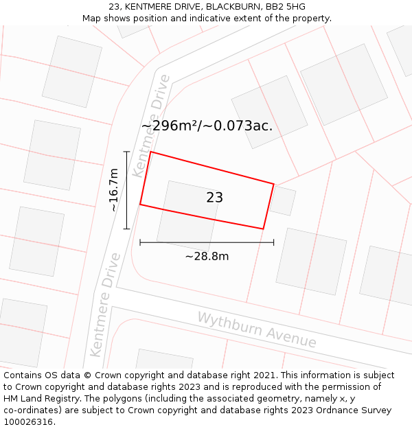 23, KENTMERE DRIVE, BLACKBURN, BB2 5HG: Plot and title map