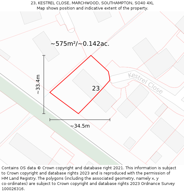 23, KESTREL CLOSE, MARCHWOOD, SOUTHAMPTON, SO40 4XL: Plot and title map